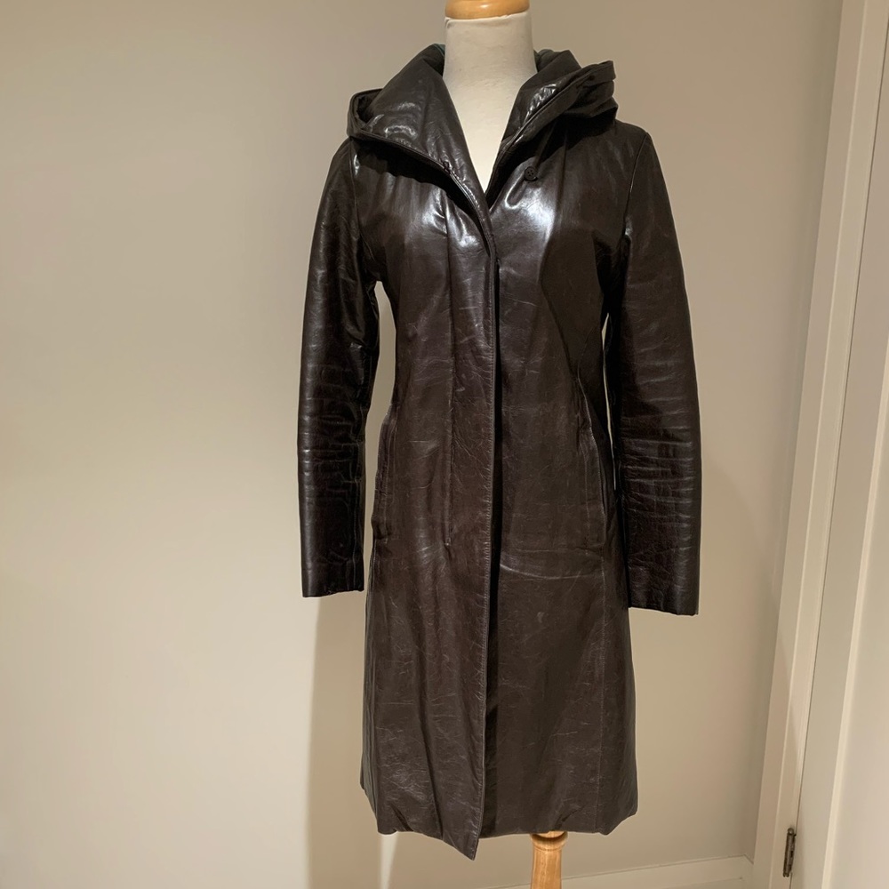 M0851 brown leather jacket with hood. Sz 0